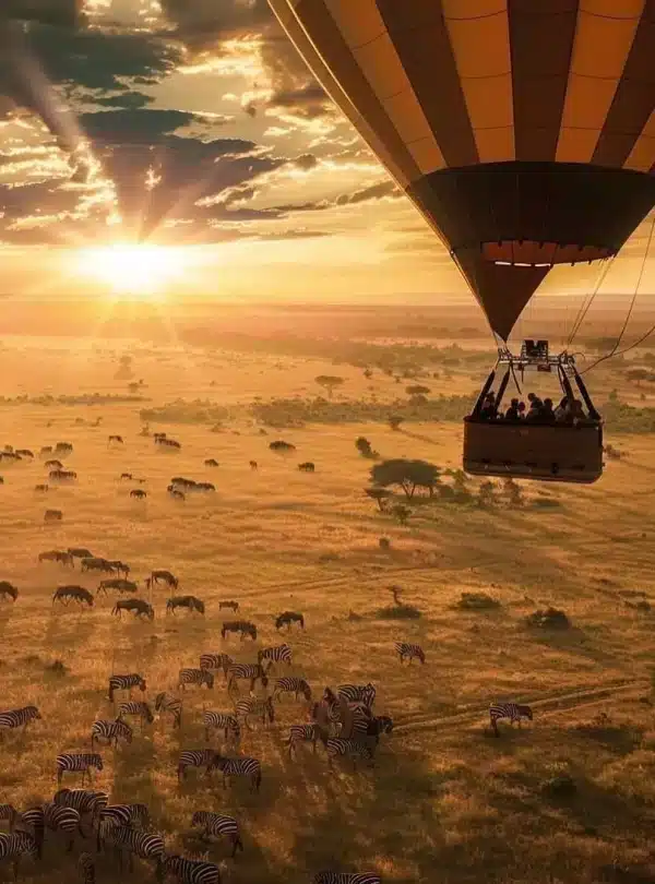 Hot air balloon safari over zebras and wildebeest at sunrise in the Masai Mara, Kenya