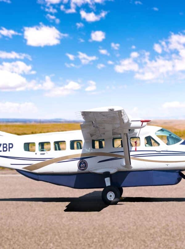 Light aircraft used for fly-in safaris landing on an airstrip in Kenya