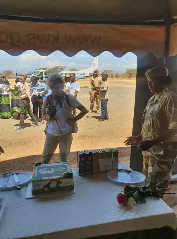 Guests arriving at Meru Kinna Airstrip, welcomed with flowers before transfer to lodge