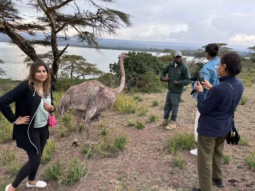 Safari guide leading visitors near an ostrich during a Crescent Island walking tour at Lake Naivasha