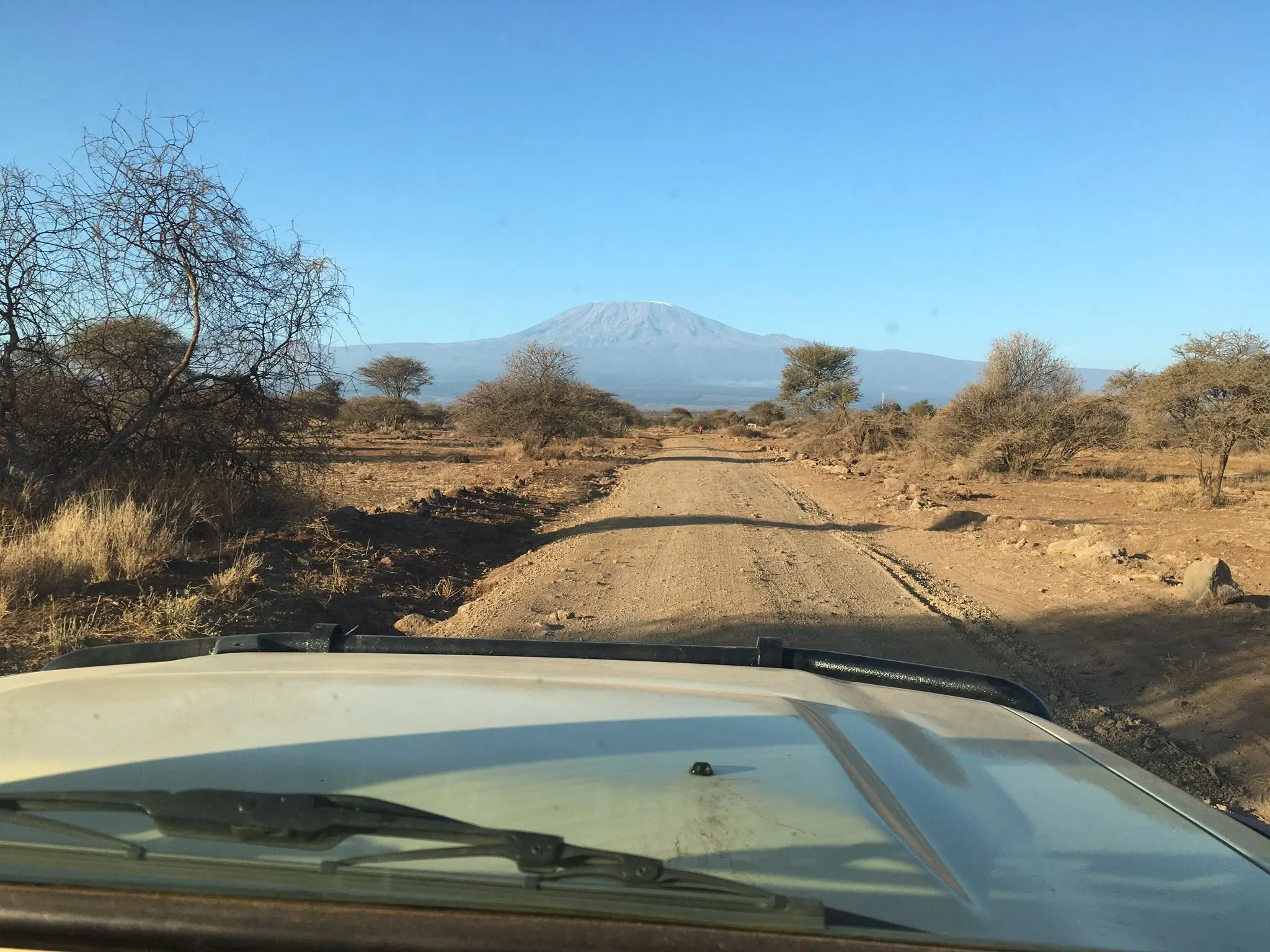 View of Mount Kilimanjaro from a private safari Land Cruiser in Amboseli