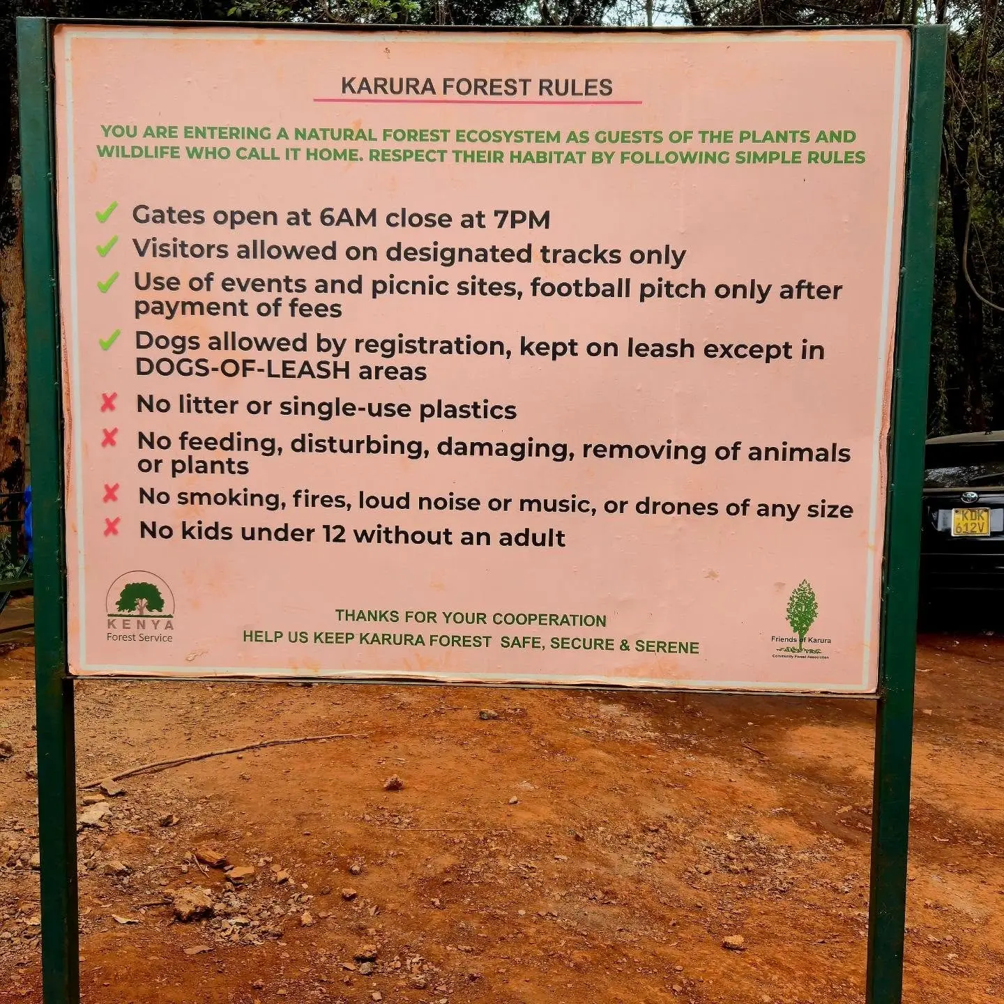 Karura Forest rules sign in Nairobi, Kenya