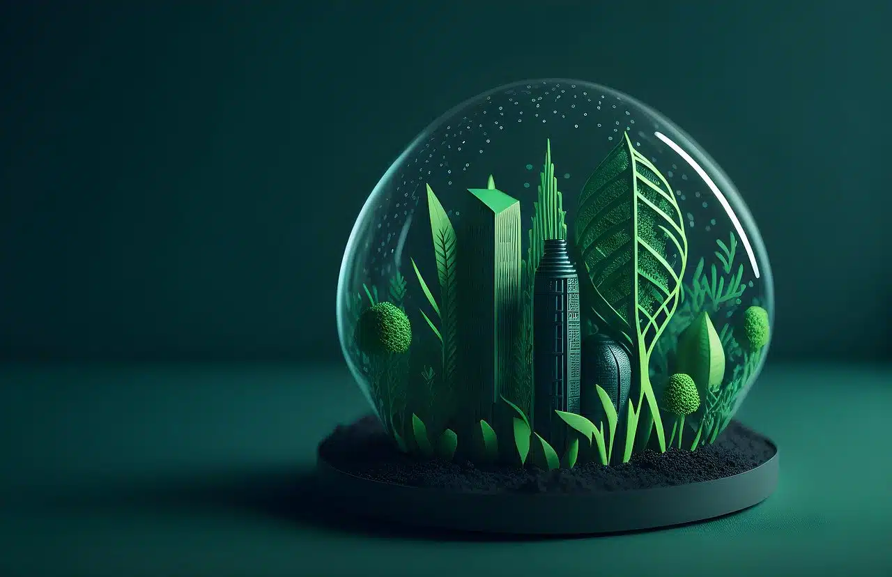 Illustration of a green city inside a glass dome symbolizing sustainability, eco-friendly travel, and environmental protection