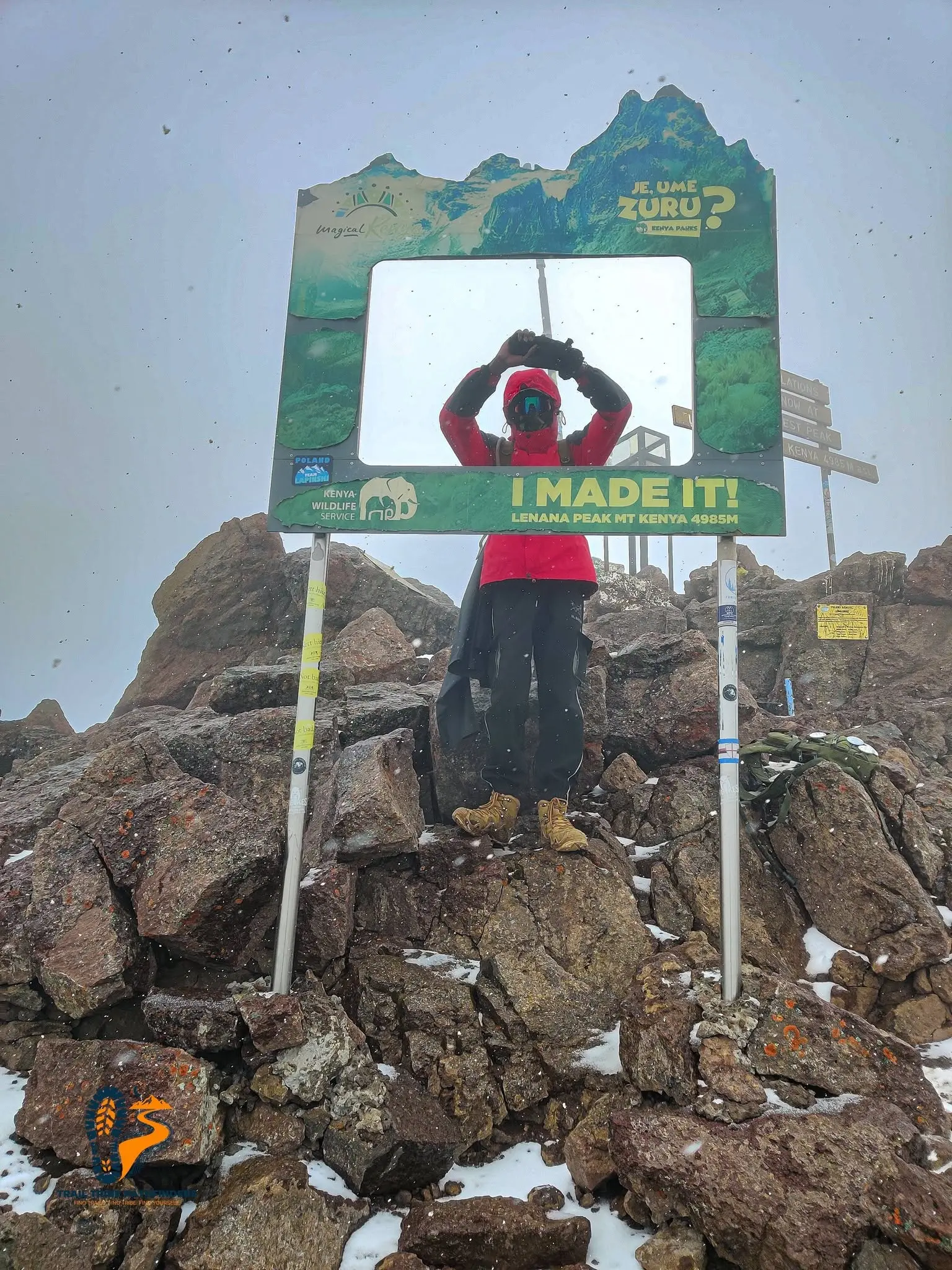 Hiker at Point Lenana summit on Mount Kenya