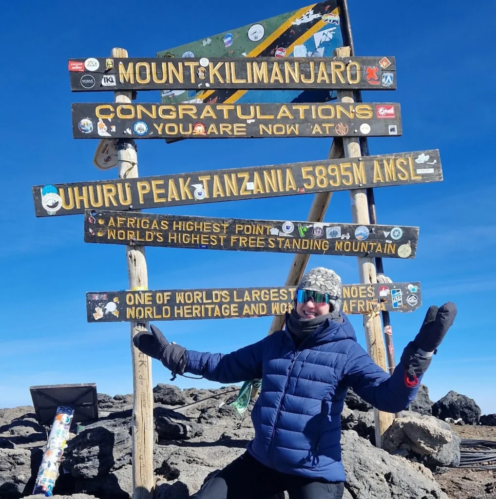 Trekkers at Uhuru Peak summit on Mount Kilimanjaro at 5,895 metres