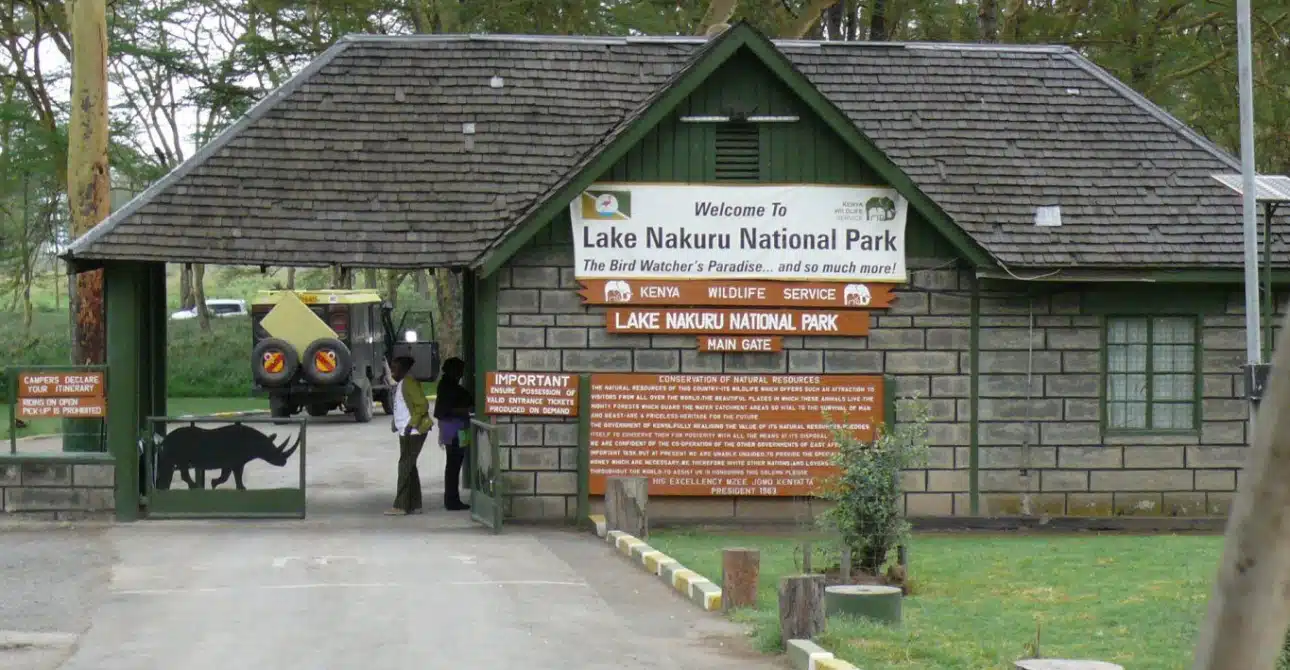 Entrance gate of Lake Nakuru National Park in Kenya, famous for flamingos and rhinos