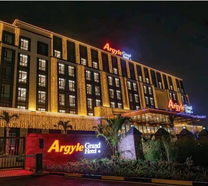 Argyle Grand Hotel Nairobi Airport beautifully illuminated at night, offering elegant accommodation for Nairobi Cultural Stopover guests.