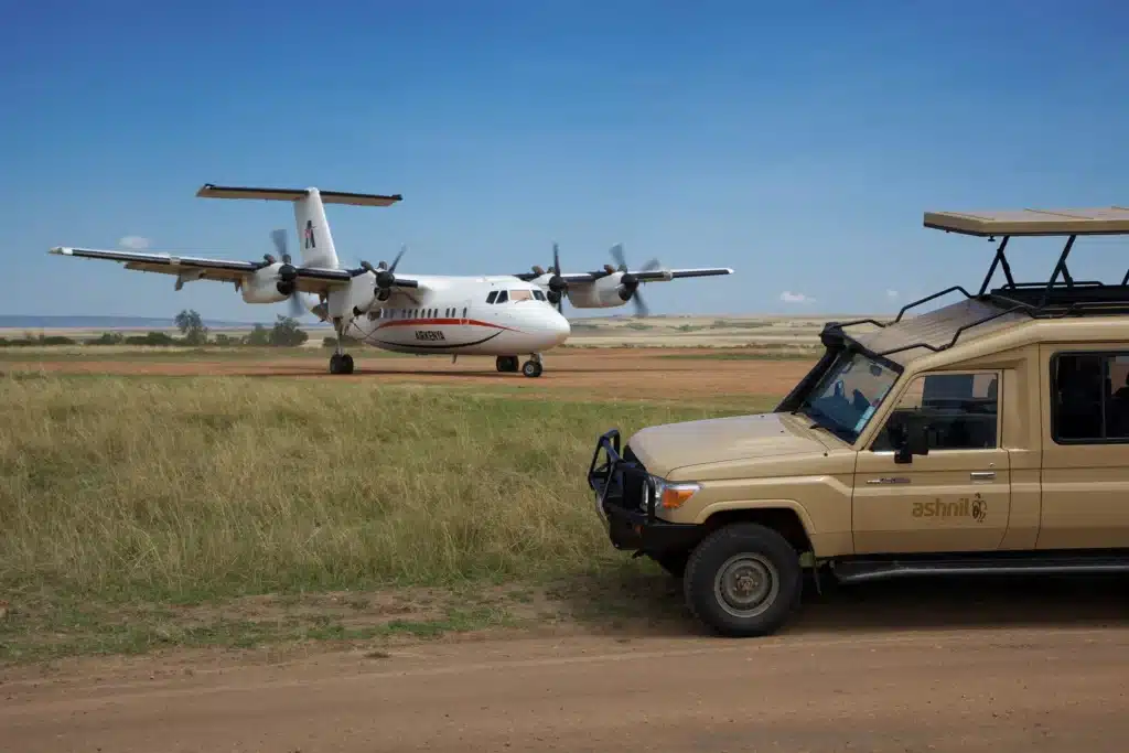 Air Kenya aircraft and lodge vehicle connection on Samburu Fly-In Safari
