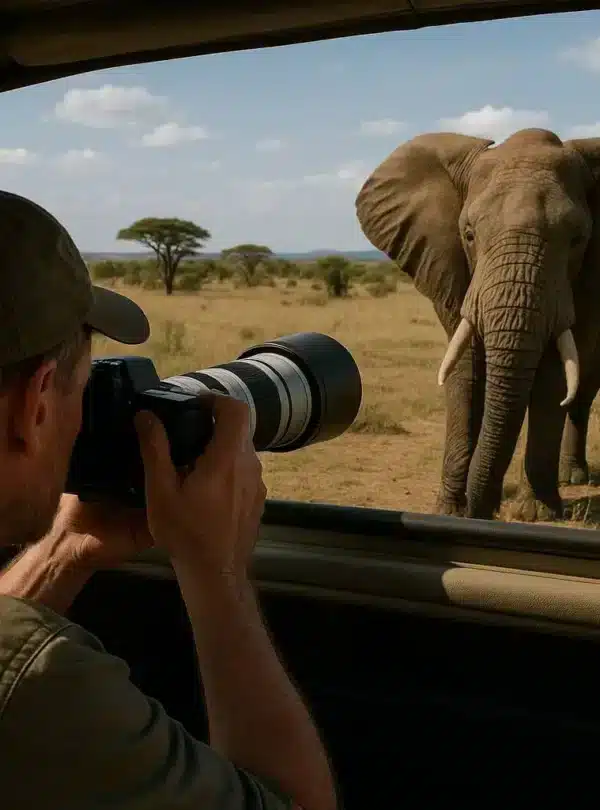Guest photographing an elephant at close range on a private 10-Day Kenya & Tanzania safari.