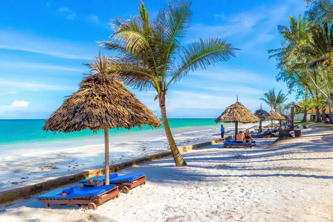 Relaxing white sand shoreline with palm trees and loungers on Diani Beach, overlooking turquoise Indian Ocean waters.