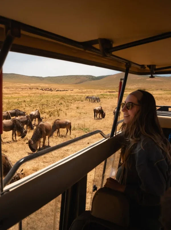 Guest on a 14-day Kenya Tanzania Rwanda safari watching wildebeest and zebras on a private game drive.