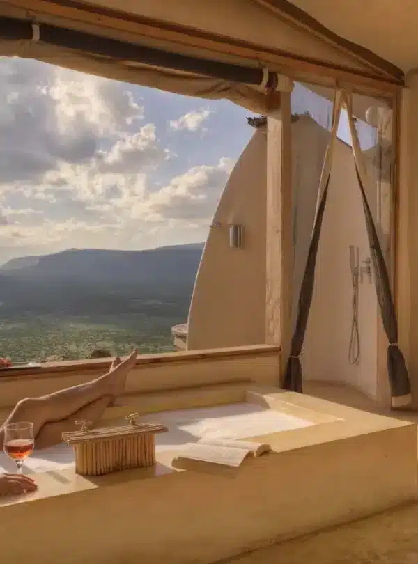 Guest relaxing in an open-view bathtub overlooking Samburu at Saruni Samburu, a possible accommodation on a 6-day Samburu safari.